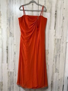 Raylia Designs Vibrant Orange Strapless Draped Evening Gown